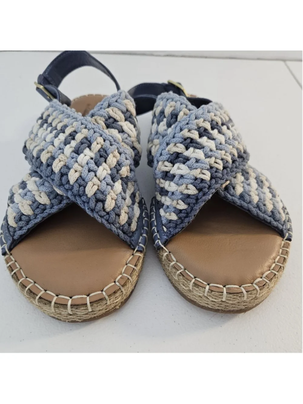 Coldwater Creek Walk With Me Cosita Blue Beige Crochet Espadrille Sandals 7.5